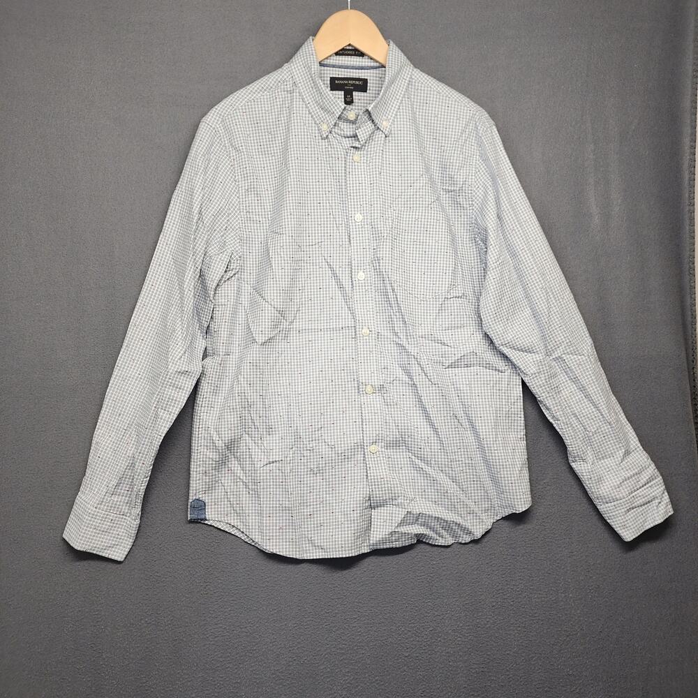 Banana Republic Shirt Mens Medium Untucked Fit Oxford Blue Red Geometric Office